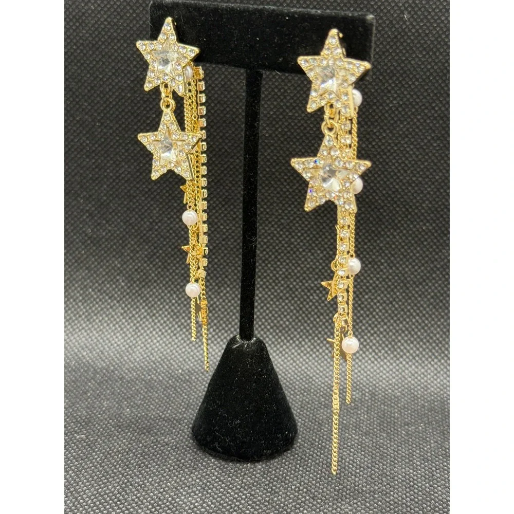 Gold Star Rhinestone Pearl Dangle Drop Earrings Celestial Statement Fringe